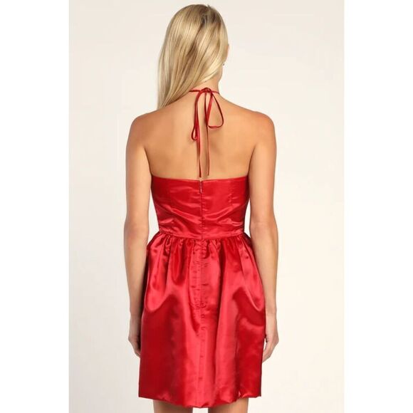 Lulus Womens Dress Red Satin Halter Mini Small - Picture 4 of 13